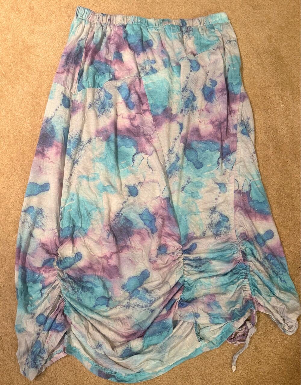 Reina Lee Blue Purple Tie Dye Ruched Side Midi Skirt XS Soft Boho Made in USA